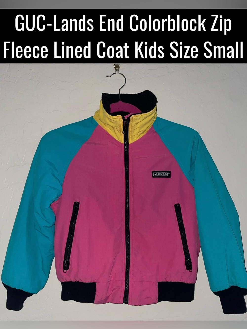 GUC-Lands End Vintage Colorblock Zip Fleece Lined Coat Kids Size Small